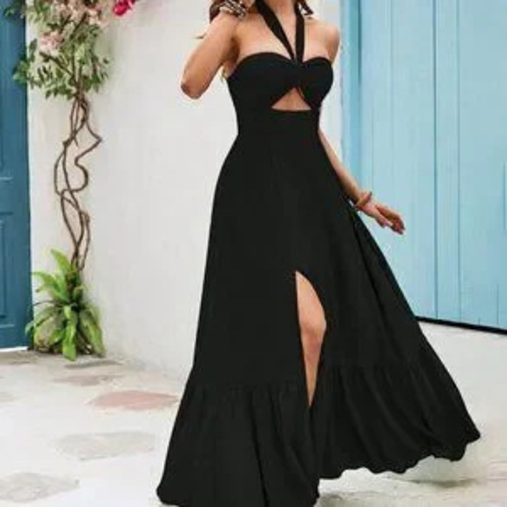 Black Sexy Women's Hollow Out & Split Design Halter Neck Dress
